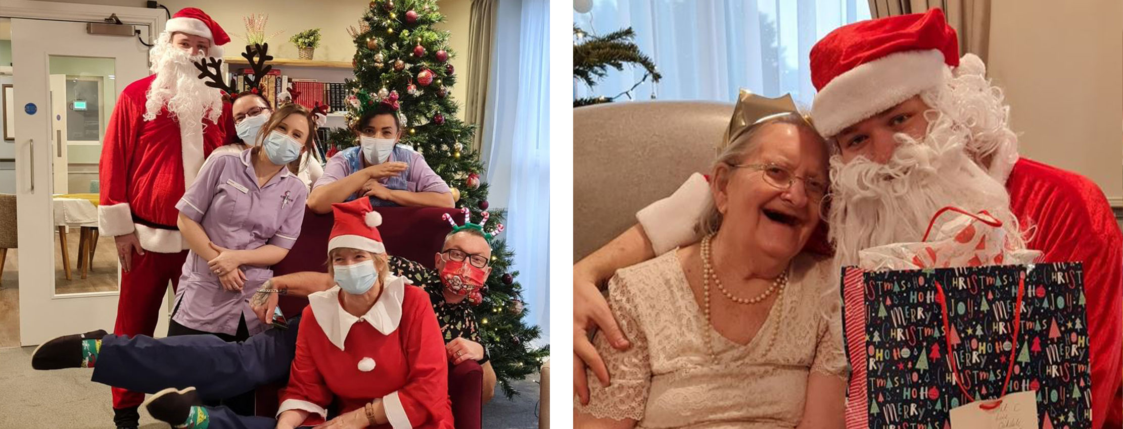 Encore staff dressed up as Santa hugging resident